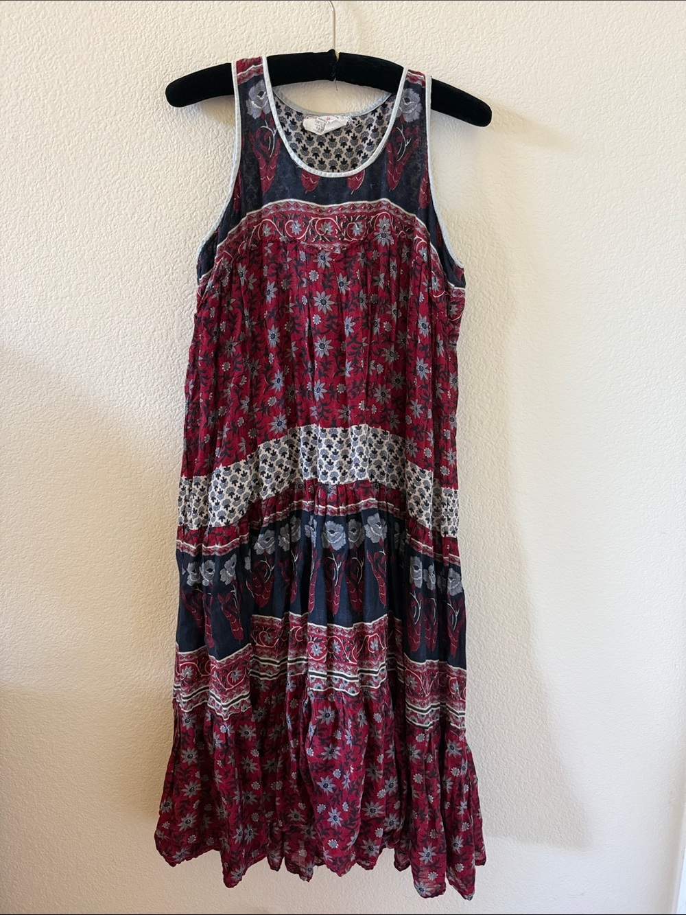 Vintage soft red and navy Floral Tiered Maxi Dress